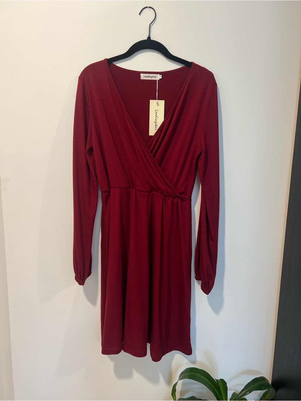 Long-Sleeve Wrap Dress in Burgundy